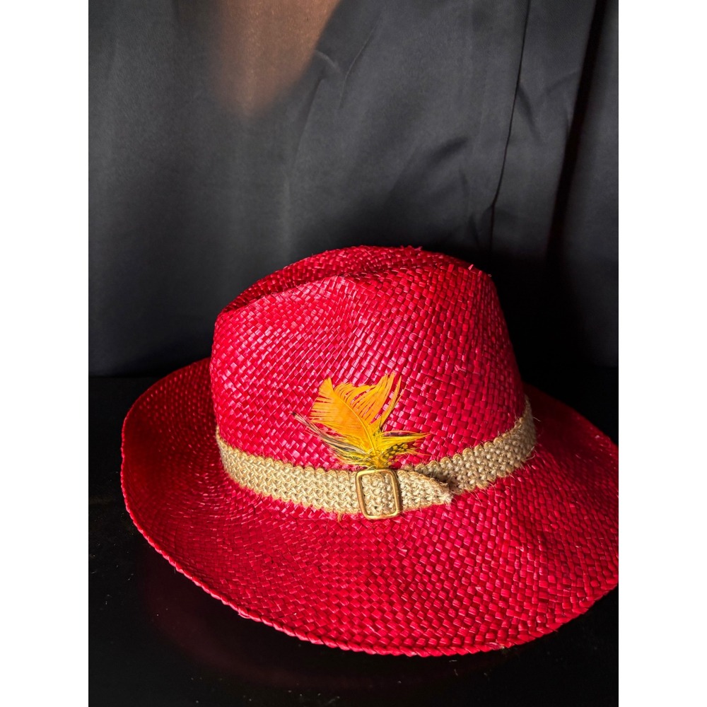 Red Straw Cowboy Hat‎ with Woven Band and Feather Accent Western Style Fedora